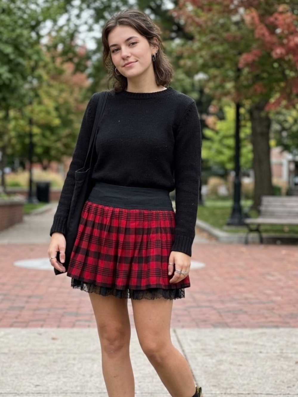 Royal Bones Red & Black Plaid Mini Skirt with Lace Hem
